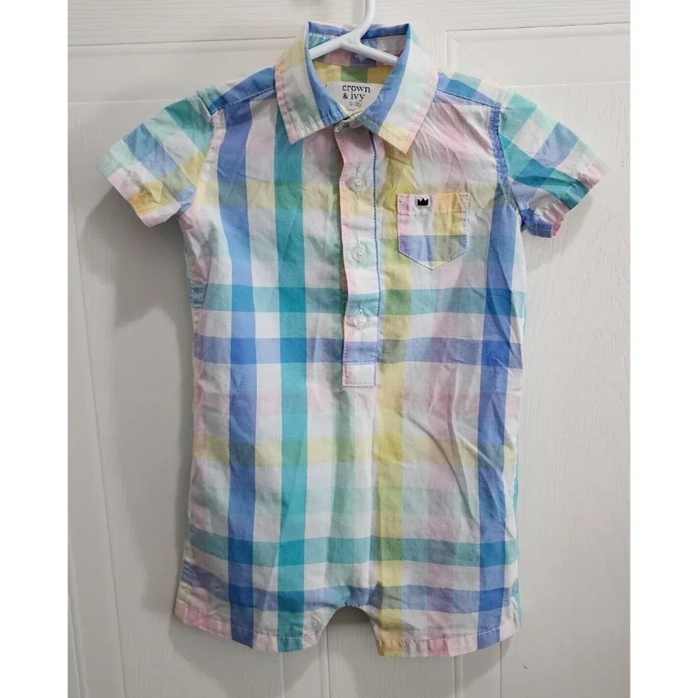 Crown‎ & Ivy Baby Boy Short Sleeve Collared One Piece Bodysuit Plaid Size 12M